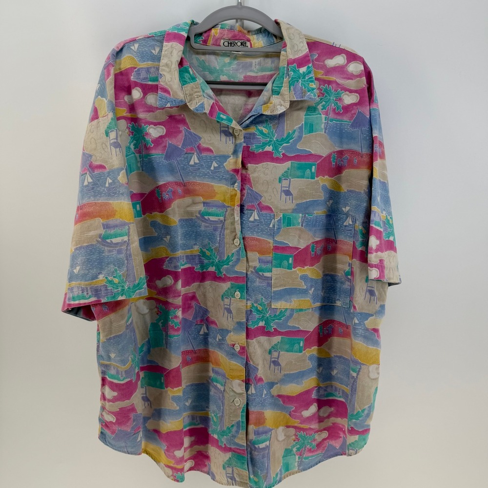 Cherokee Button Down Shirt Womens 24W Pink Abstract Beach Vintage 90s Retro Core